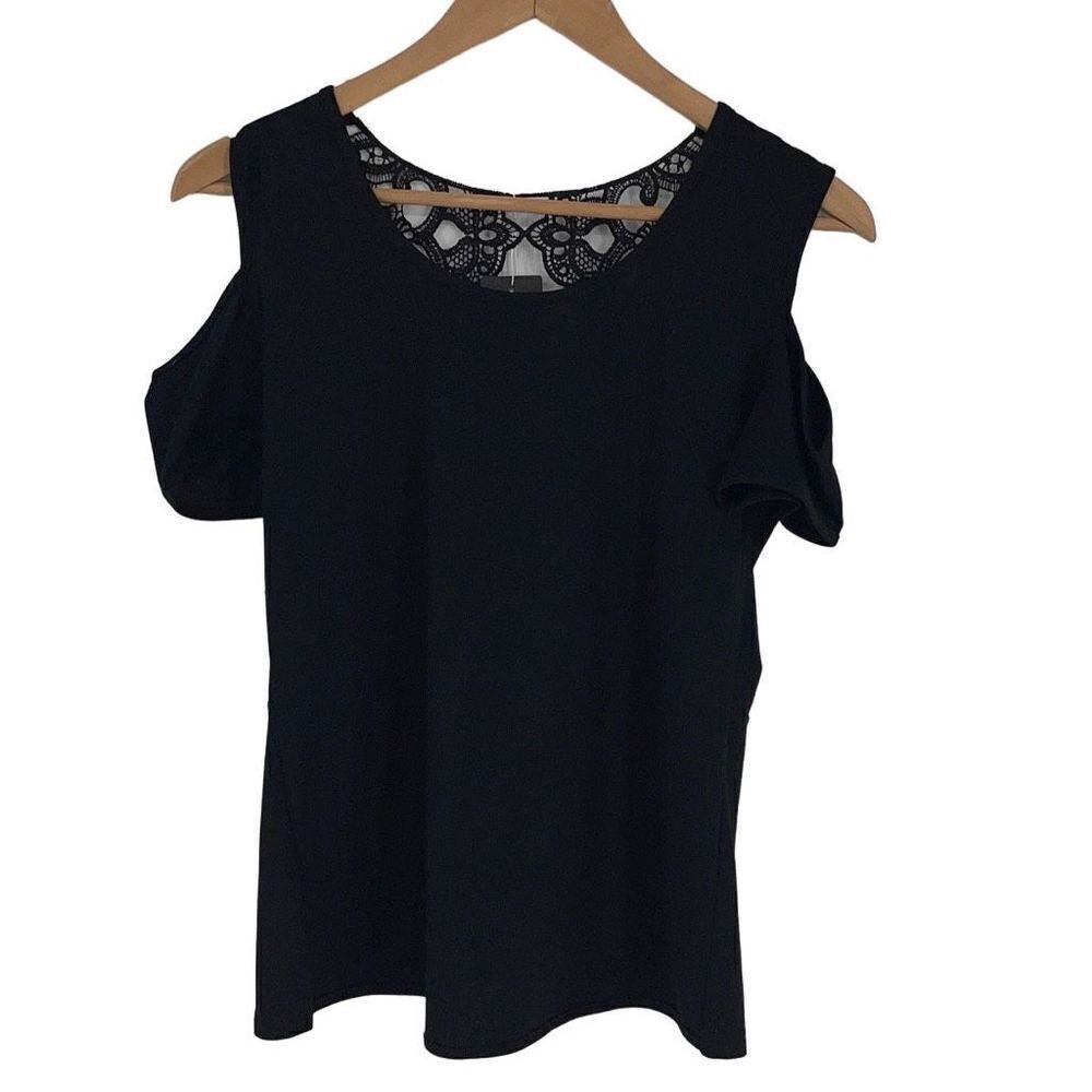 Bellelily Womens Blouse Top Cold Shoulder Lace Back‎ Round Neck Black Small NWT